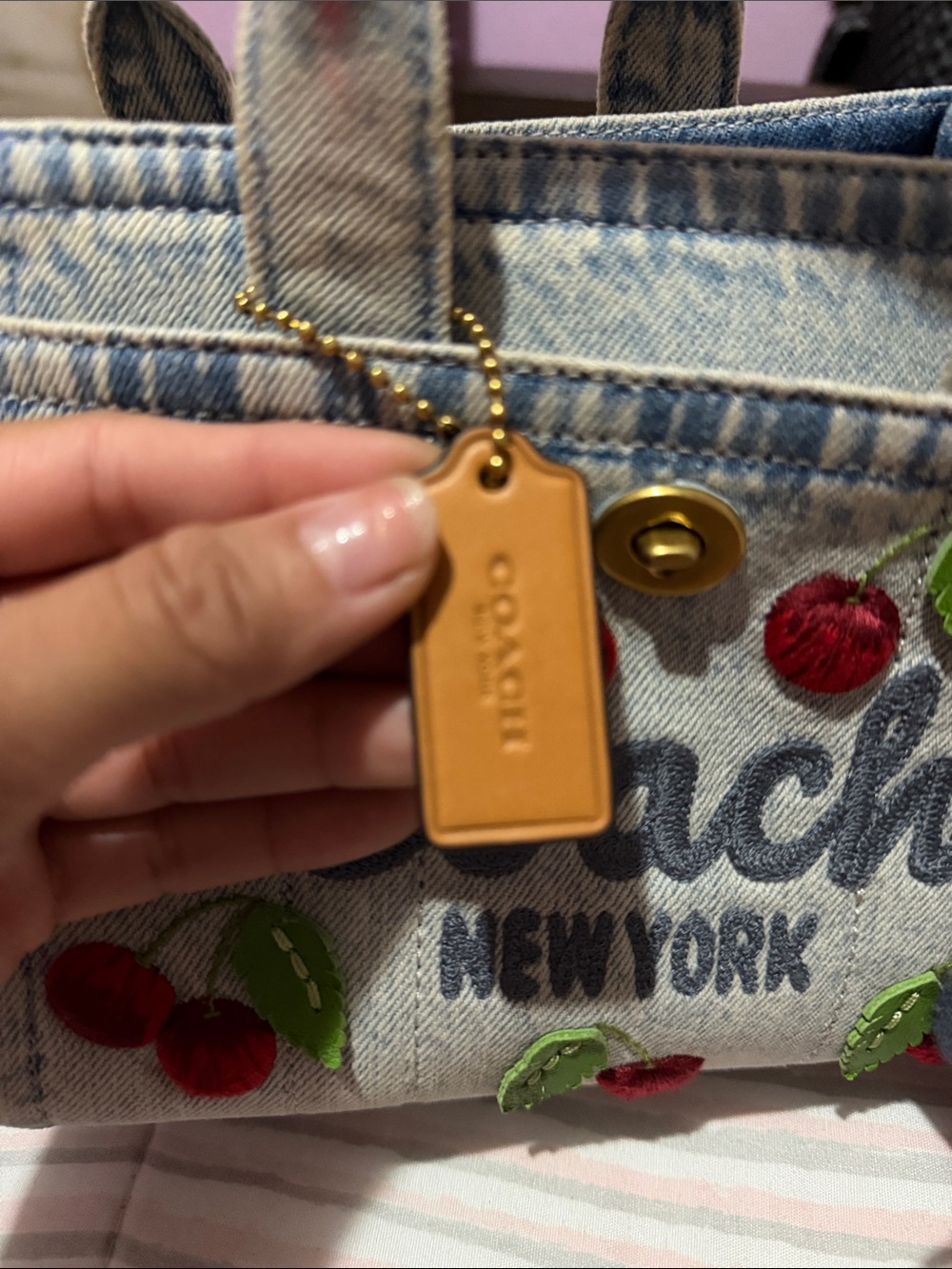 Coach Denim Cherry Embroidered Tote - Picture 7 of 9